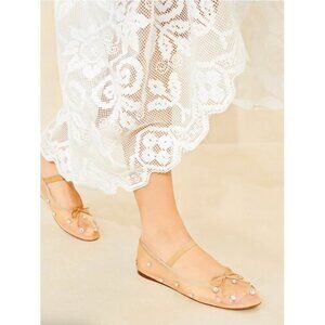 Jeffrey Campbell Mesh Ballet Flats Mary Jane Rhinestone Nude Bow Square Sze 7.5